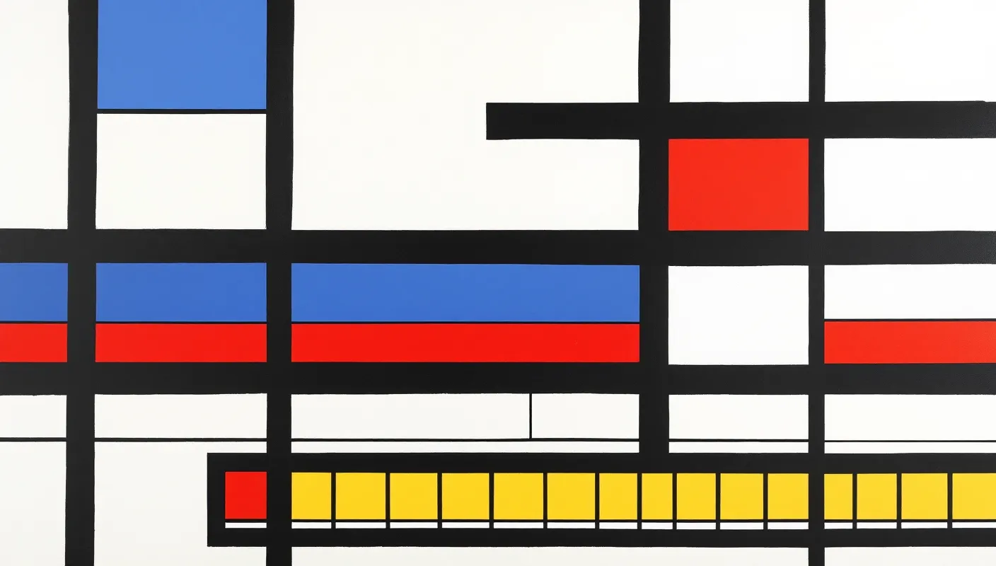 De Stijl grid abstraction of the nine-residue DSIP peptide as nine outlined cells among primary color blocks